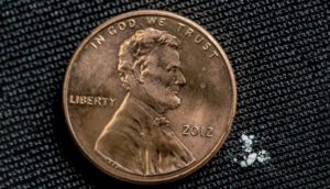 2 milligrammi di fentanyl rapportati alle dimensioni di un penny statunitense. È una dose letale per la maggior parte delle persone. © United States Drug Enforcement Administration (DEA)